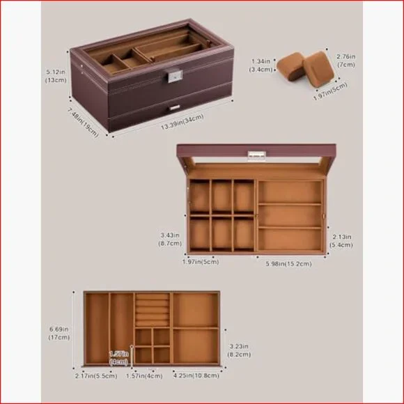 Lockable Watch Case with PU Leather, 6 Slots and Sunglasses Storage